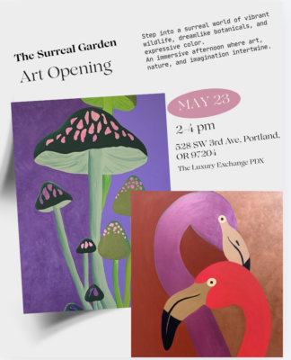 Surreal garden art opening flyer
